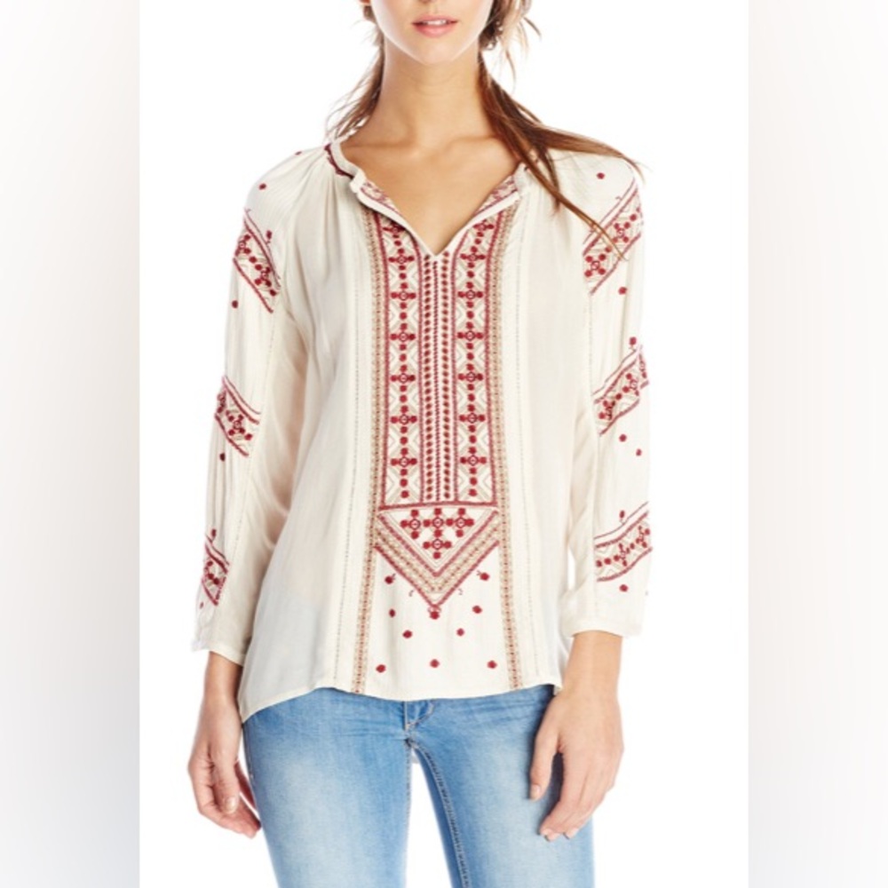 Lucky Brand  Embroidered Cream and Red Women's Top Rose Tunic M . Made in India.